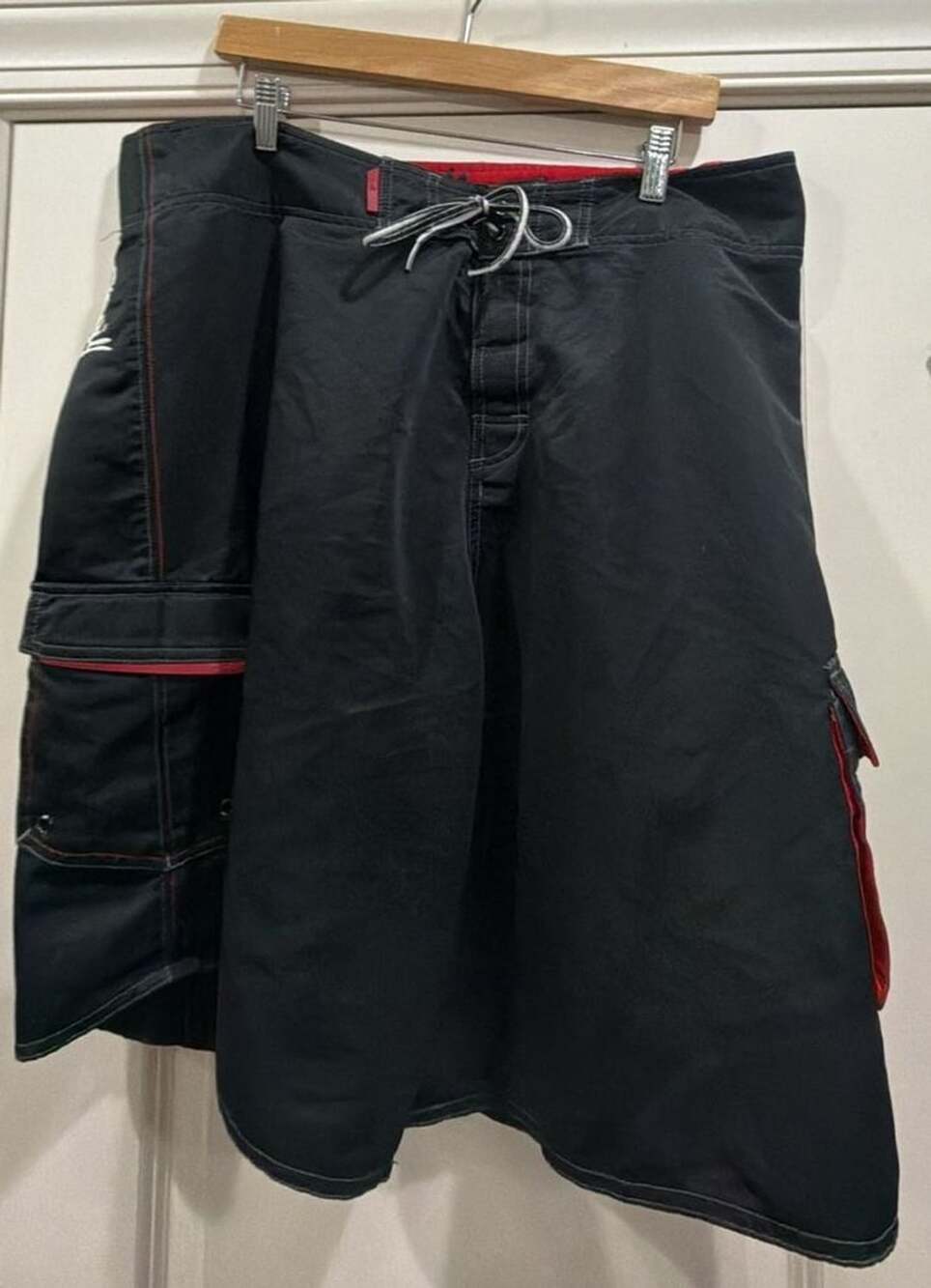 O'Neill Black Cargo Board Shorts with Red Accents and Drawstring Waist